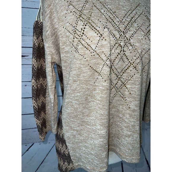 Miss Me‎ Knit Sweater Western Medium Beige Sequin Metallic Cowgirl Studded - Picture 6 of 8